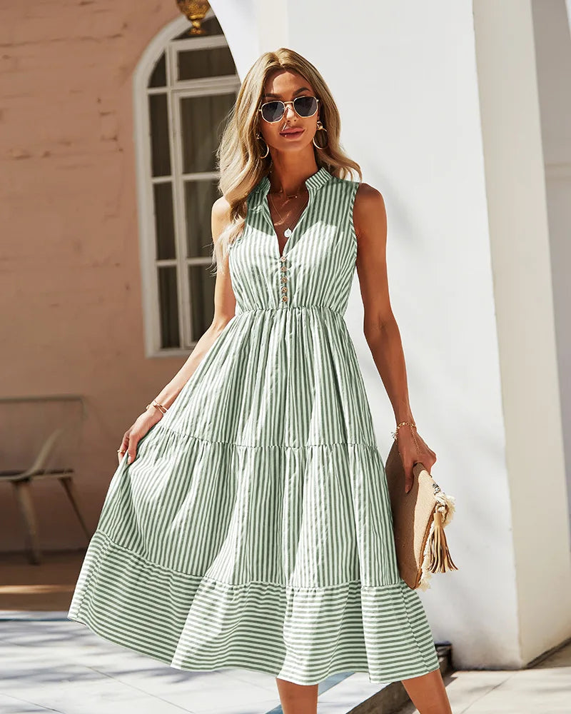 Striped Shirt Dress Women Sleeveless V-Neck Long Dresses Summer Casual Buttons A-Line Beach Holiday Dresses Female Clothing