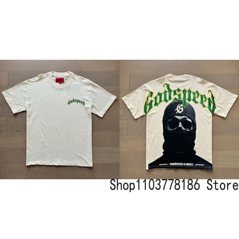 Classic White GOD SPEED T Shirts Letter Logo Seaside Holiday Scenery Print Godspeed Short Sleeve Unisex Tees Tops
