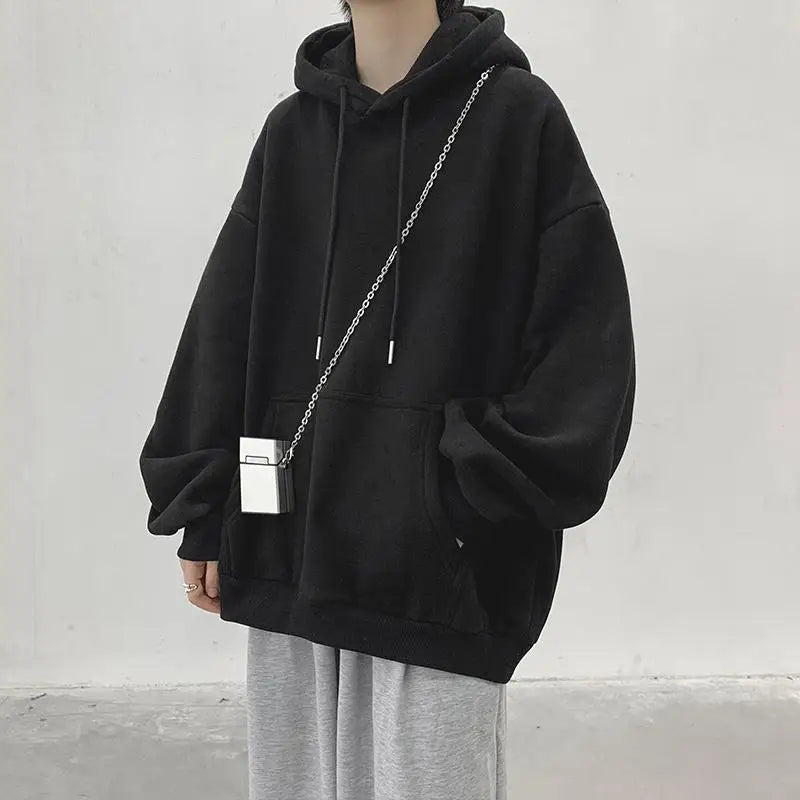Dark Grey Hoodie Men Sweatshirt Autumn Winter Clothes Pure Color Y2k Pullover Top Boy Version Trend Loose Fleece Coat Oversized