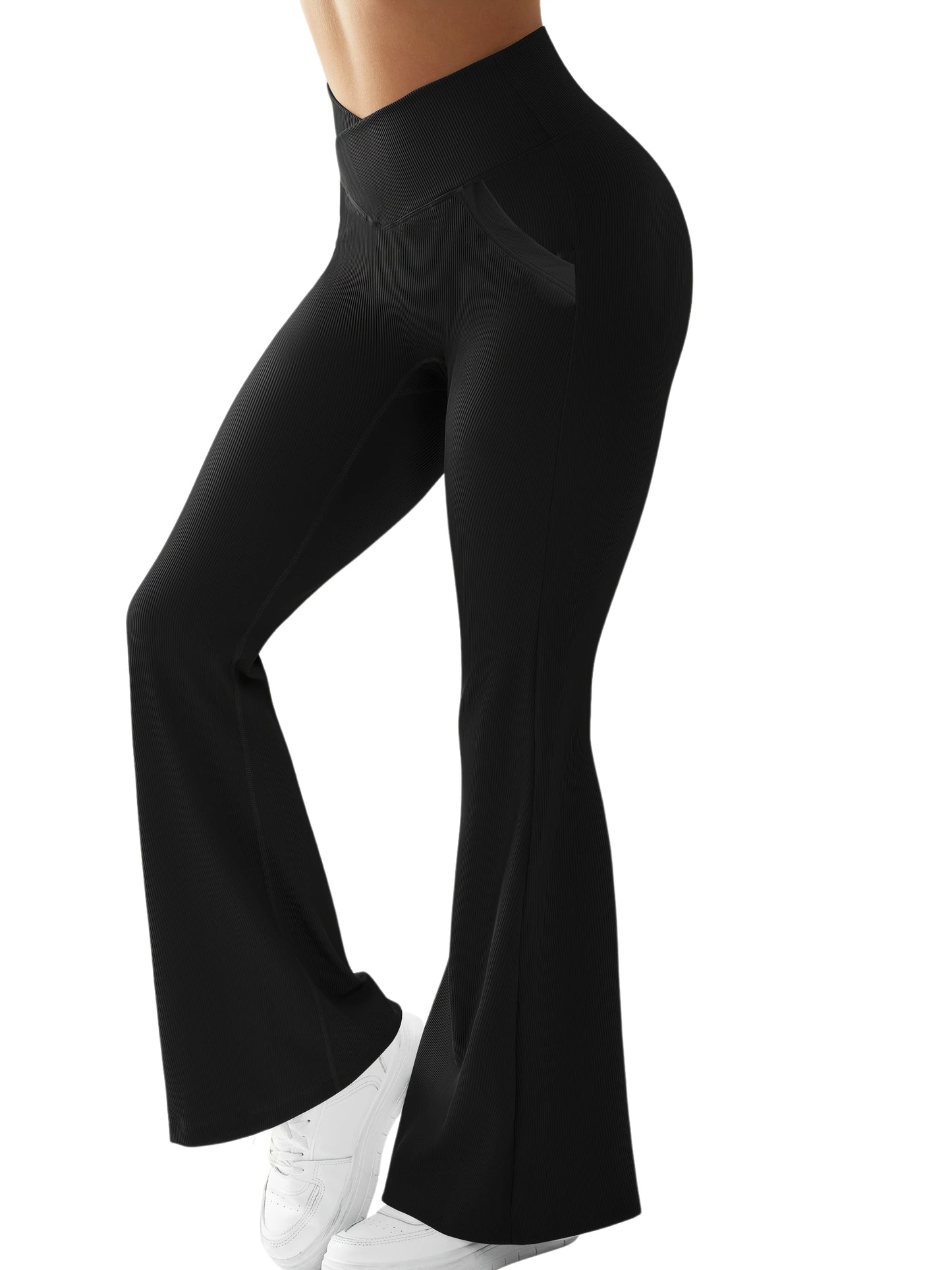 2 Pockets High Waist Stretch Slim Women Flared Leggings Solid Elegant Versatile Tights Woman Street Casual Yoga Fitness Sports