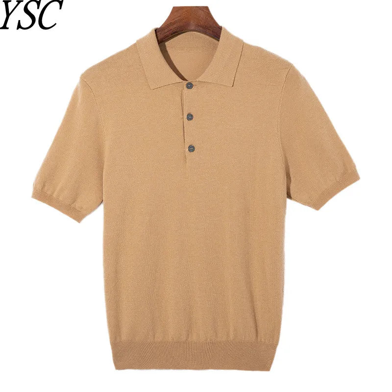 Summer Classic Men Knitwear Silk Wool Blend Sweater Pullover Polo Neck T-Shirt Short Sleeved Cool High-Quality Clothing Tops