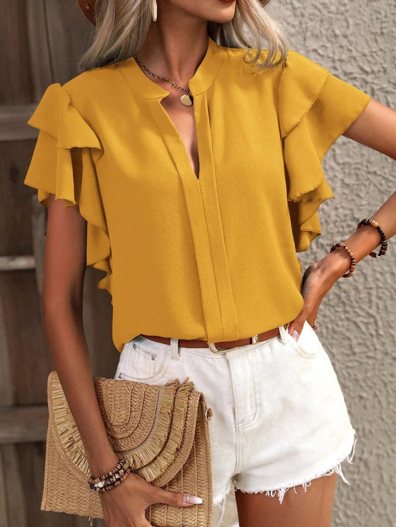 Women's Summer V-neck Casual Double Layered Ruffle Sleeves Solid Color Shirt Top Blouse