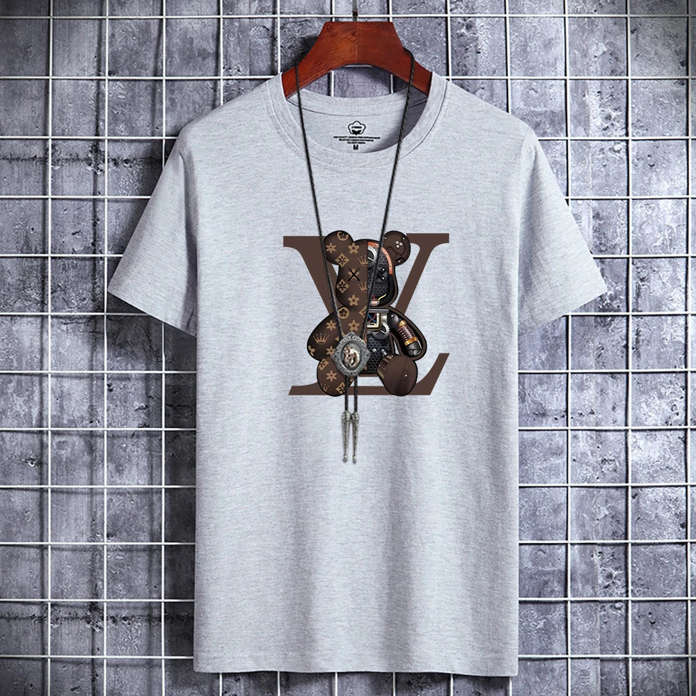 Summer Men's Luxury Casual T-Shirt Retro Y2k Designer Short Sleeve Tees Male Vintage Cotton Trendy High Quality Bear Print Tops