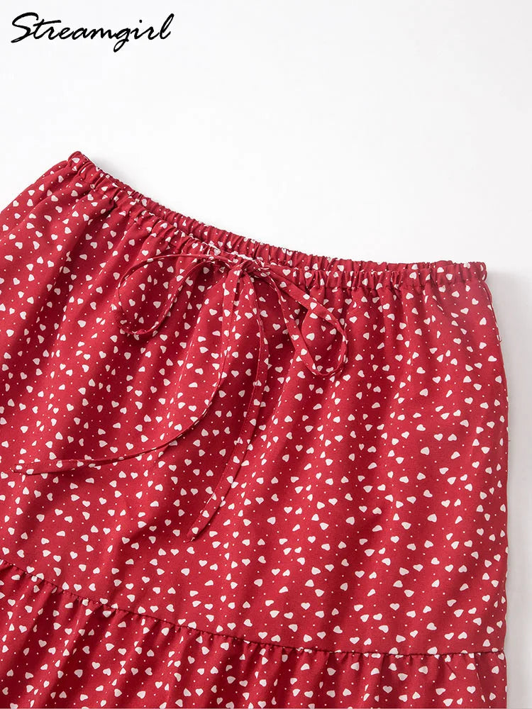 Women Floral Skirts Long Summer Cotton Tie Up Elastic Waist Loose Patchwork Maxi Skirt Flowers Spring Long Skirts For Women