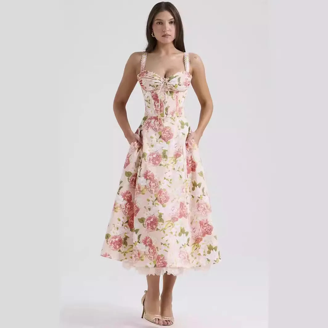 Dress Summer Fashion White Elegant Ladies Backless Clothes Puff Sleeve Floral Print Slit Long Dresses For Women New Arrival