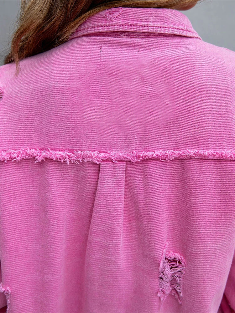 Raw-edges Denim Jacket Women Spring Autumn Shirt Style Jeans coat Casual Top Rose-Red Orange Purple Outerwear Lady Coat