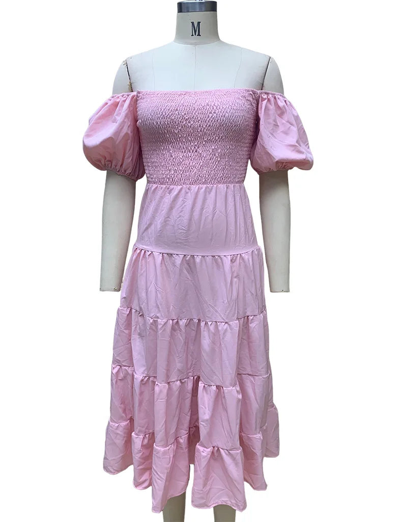 Women Off Shoulder Long Dress Summer Solid Color Short Puff Sleeve Slash Neck A-Line High Waist Mid-Calf Sundress