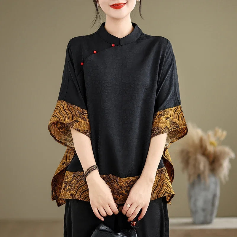 Mulberry Silk Chinese Style T-shirt for Women Spring Summer Fashion Vintage Patchwork Half Sleeve Cloud Embroidery Female Blouse
