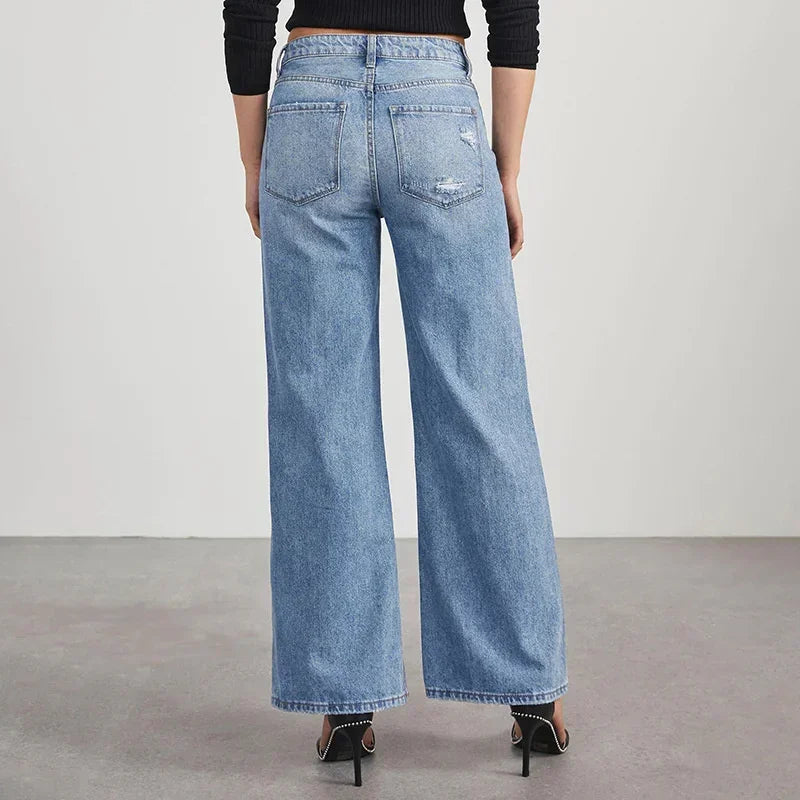 Fashion Back Pocket Broken Holes Straight Jeans Women High Waist Wide Leg Trousers Daily Comfortable Commuter Casual Denim Pants