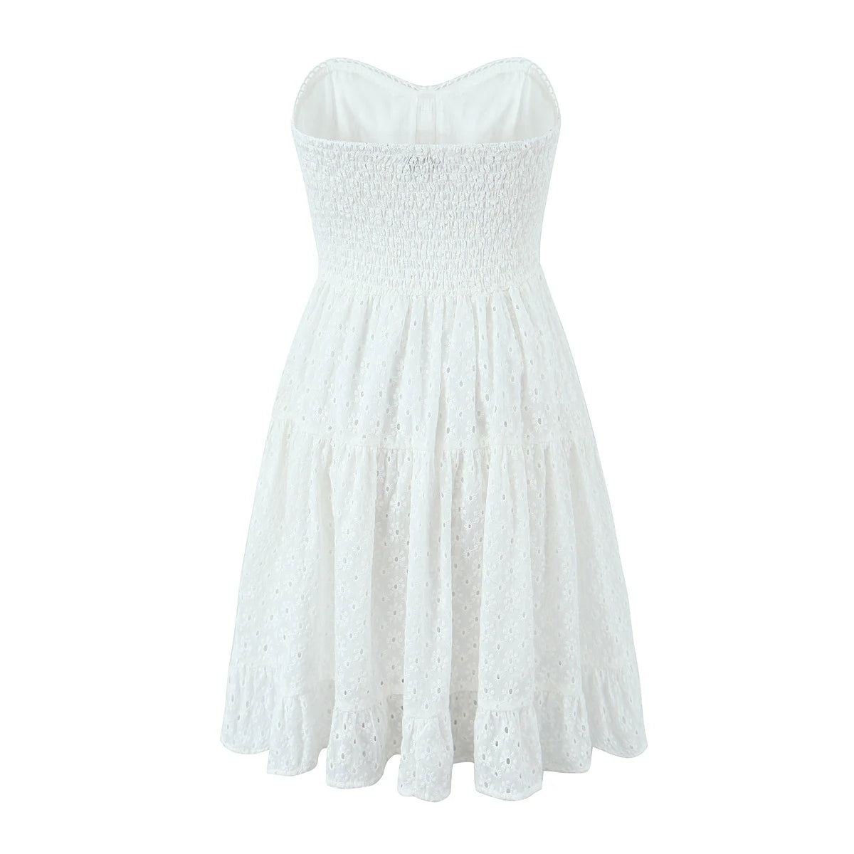 Evening Party Embroideryed Dress Elegant Summer Solid Color White Lace dress Off Shoulder Short Dress Front Tie Back Shirred