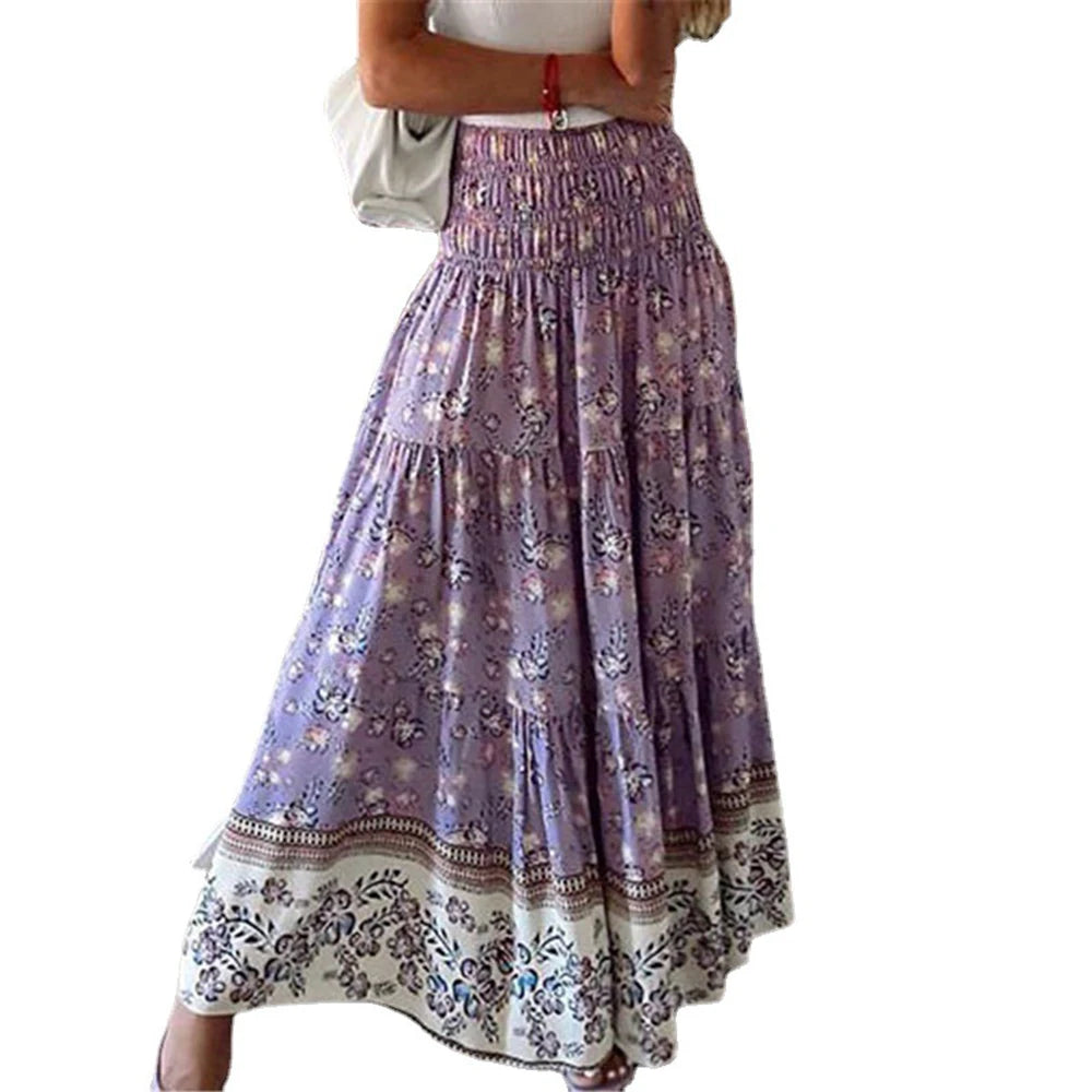 Boho Casual Print Maxi Skirt Women Summer Fashion Sexy High Waist Skirts Womens 2024 Pink Beach Floral A-line Long Skirts Femme