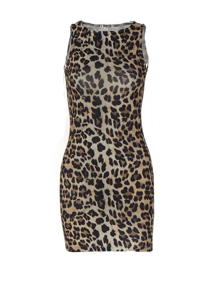 Leopard Print Sleeveless Slim Bodycon Mini Dress for Women