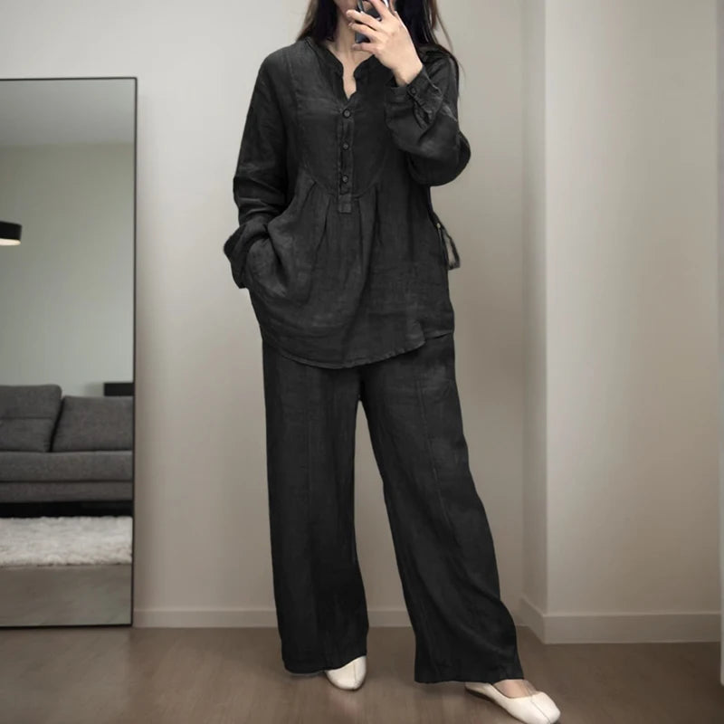 Women Fashion Folds Cotton Linen Half Breasted Long-sleeved Shirt Top And Wide Legs Pants Two Piece Set