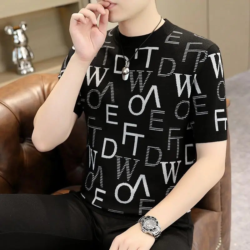 Trend Fashion Autumn Winter New Men O-Neck Letter Printing Korean Casual All-match Short Sleeve Slim Pullovers Knit T-shirt Tops