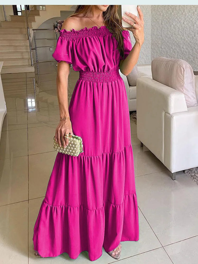 2024 Summer Solid Boho Dress Women Fashion Elegant Beach Party Dress Casual Slash Neck Office Maxi Dresses For Woman Robe Femme