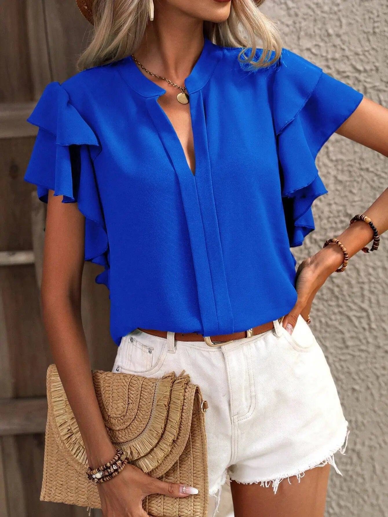 Women's Summer V-neck Casual Double Layered Ruffle Sleeves Solid Color Shirt Top Blouse