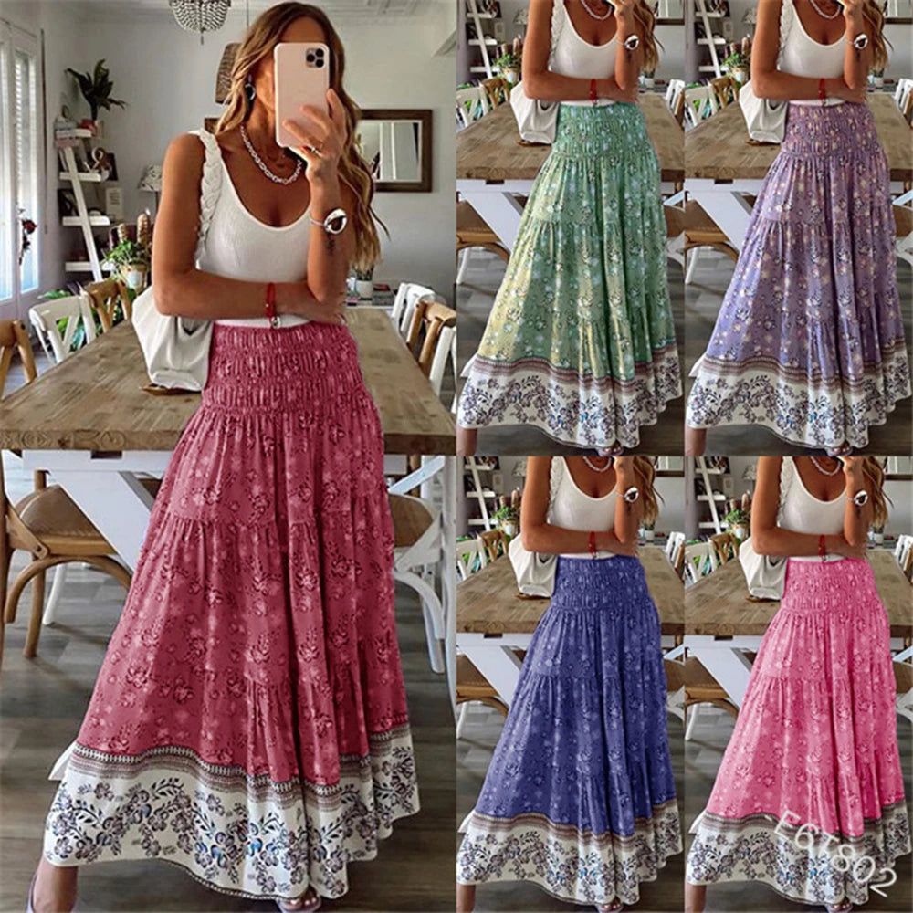 Boho Casual Print Maxi Skirt Women Summer Fashion Sexy High Waist Skirts Womens 2024 Pink Beach Floral A-line Long Skirts Femme