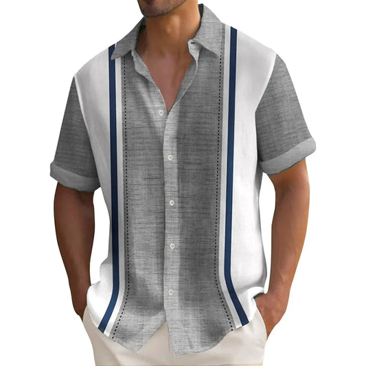 Men's stripe casual short sleeve, button up, loose Hawaiian summer shirt