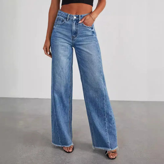 Jeans Women Straight Long Pants Casual Floor Length Mom Pant Blue High Waist Elegant Splice Pockets Slim Y2k Denim Trousers