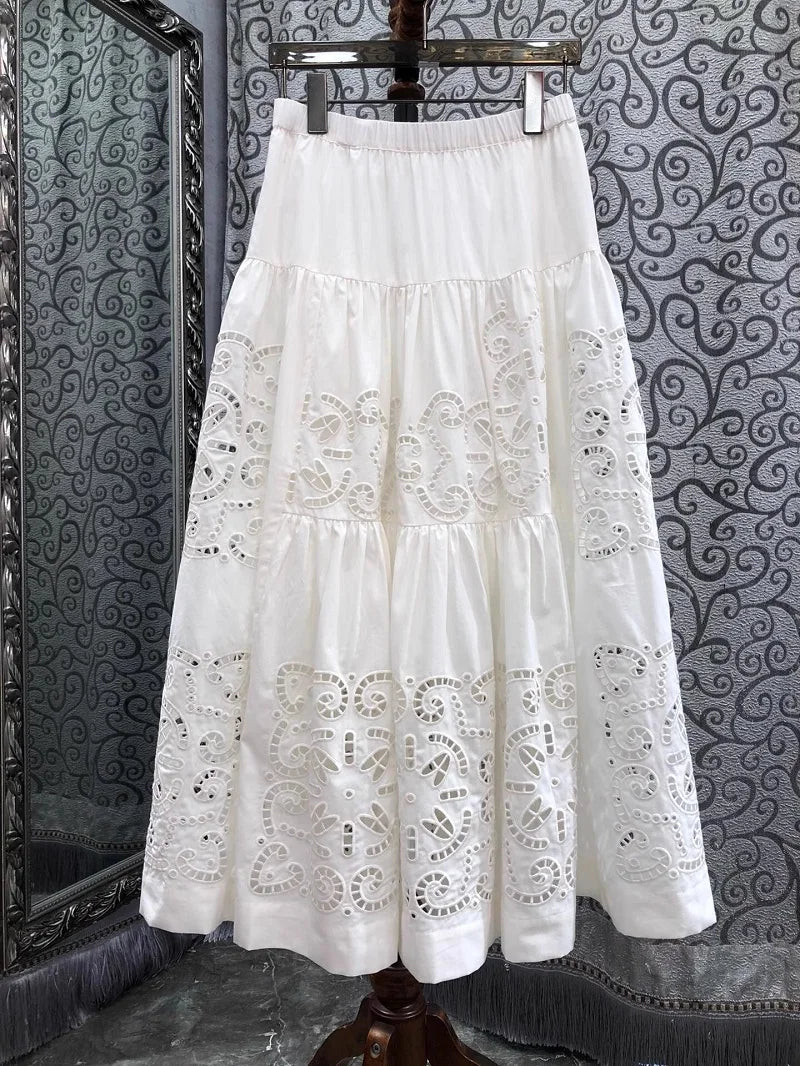 New 2025 Spring Long Skirt High Quality Women Elastic Waist Hollow Out Embroidery Luxury Cotton Linen Long Maxi White Skirts
