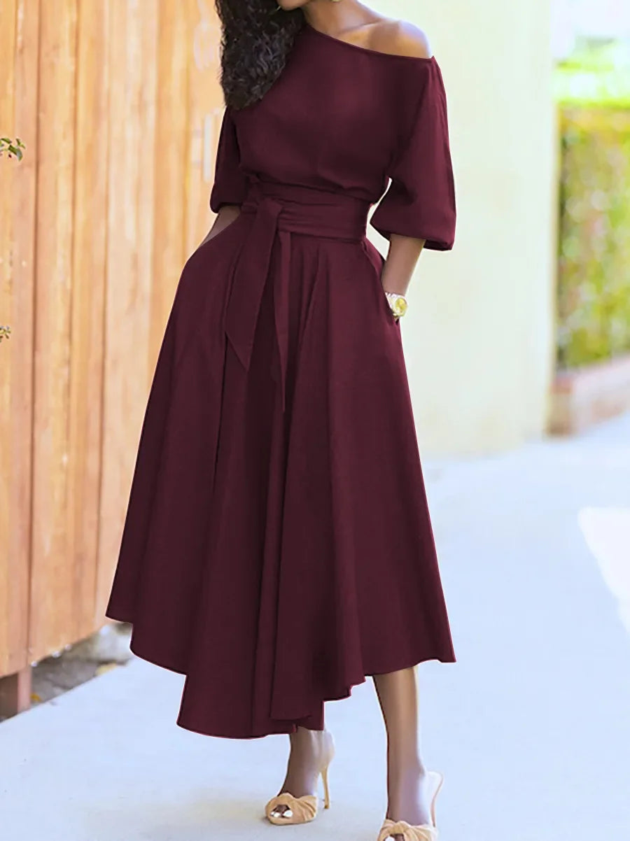Women's S-2XL Size New Slanted Shoulder Collar Tie Waist Style Solid Color Dress Leopard print maxi dresses for women