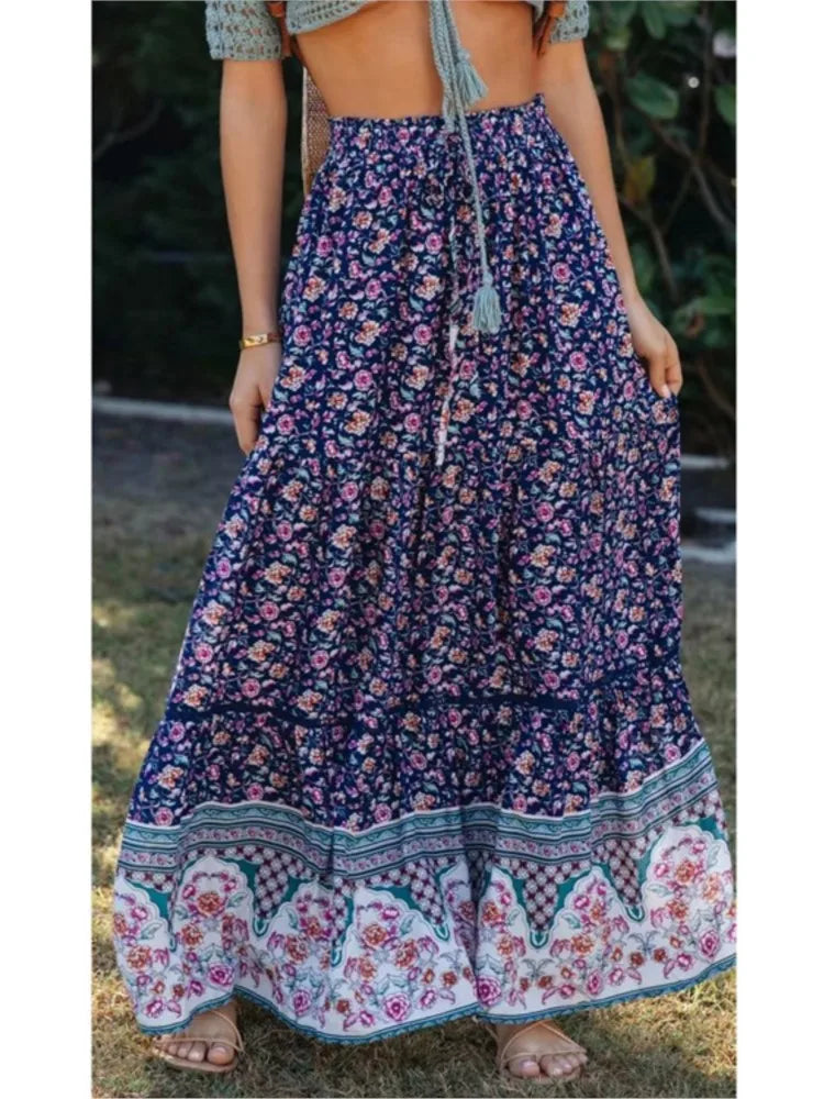 Vintage Floral Print Beach Boho Pleated Skirt For Women 2025 Summer Fashion Cotton High-waisted Maxi Skirts Femme Beach Skirt