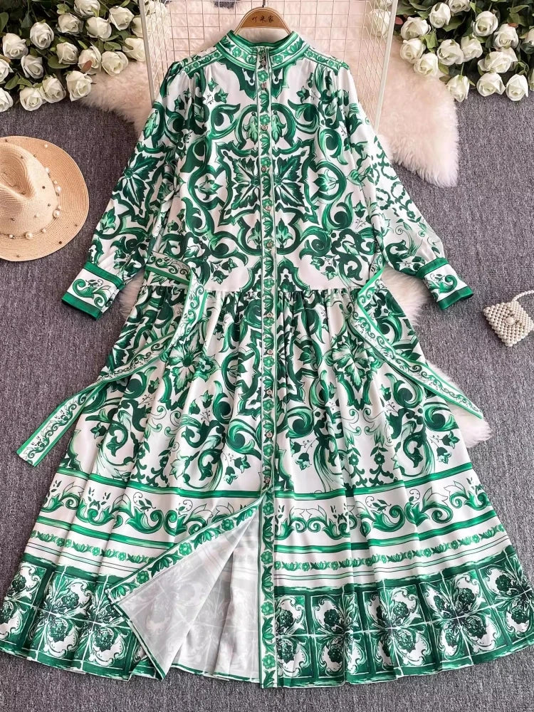 Runway Red Blue And White Porcelain Print Holiday Maxi Dress Women's Stand Single Breasted Loose Lace Up Belt Long Robe Vestido