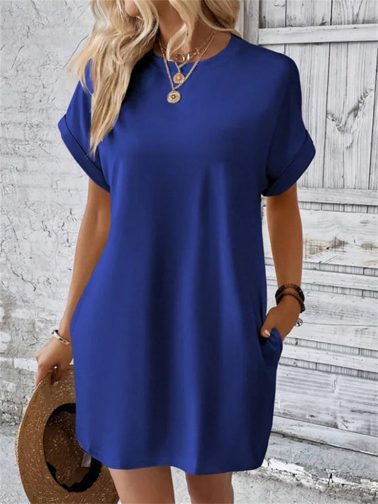 Fashion Solid Color Side Pocket Dresses Women Korean O Neck Pullover Dress Summer Female Comfortable Commuter Casual Short Gown