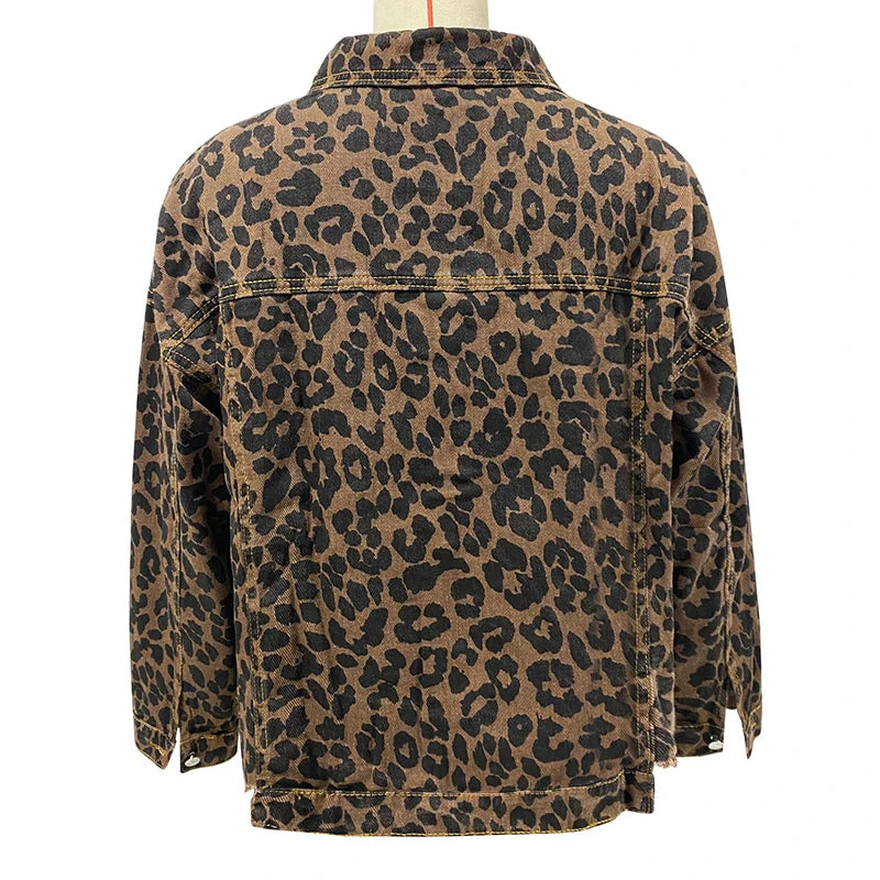 Leopard Print Tassel Hem Single-breasted Jacket Casual Pockets Ripped Denim Outwear Jackets