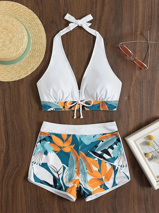 2025 Halter Bikini Set Short Swimsuit Women High Waist Swimwear Female Printed Bathers Swimming Bathing Swim Suit Beachwear
