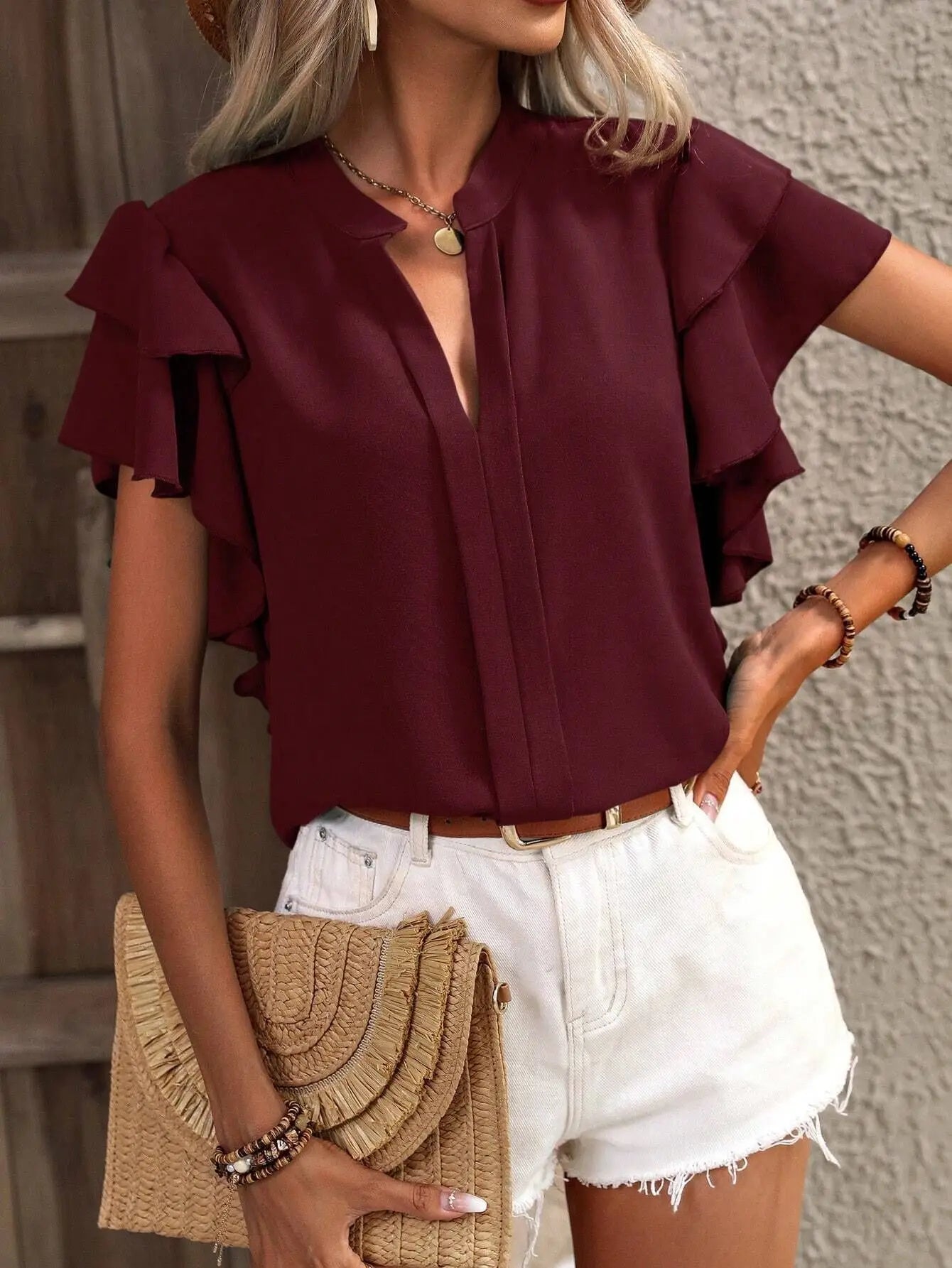 Women's Summer V-neck Casual Double Layered Ruffle Sleeves Solid Color Shirt Top Blouse