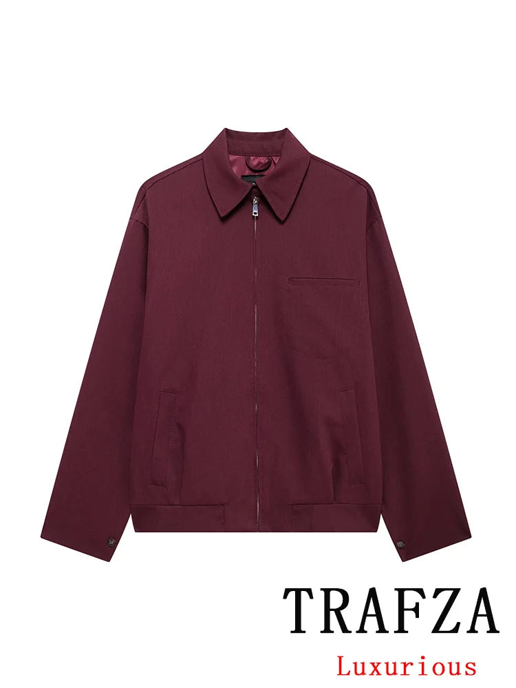 TRAFZA Vintage Casual Chic Solid Women Suit Turn-down Collar Zipper Jackets Drawstring Mini Skirt New Fashion 2024 Autumn Suit