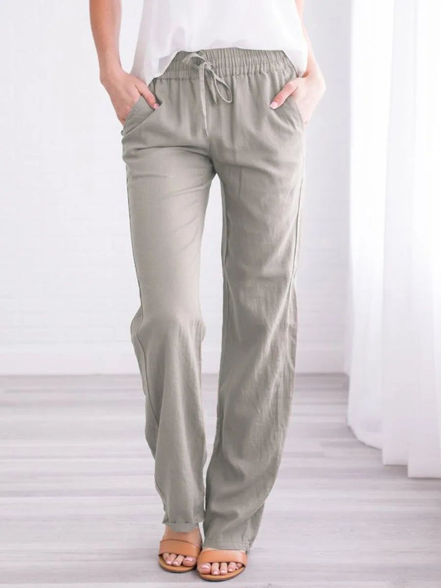 Women's Summer Cotton Hemp Drawstring Loose Relaxed Wide Leg Pants Trouser