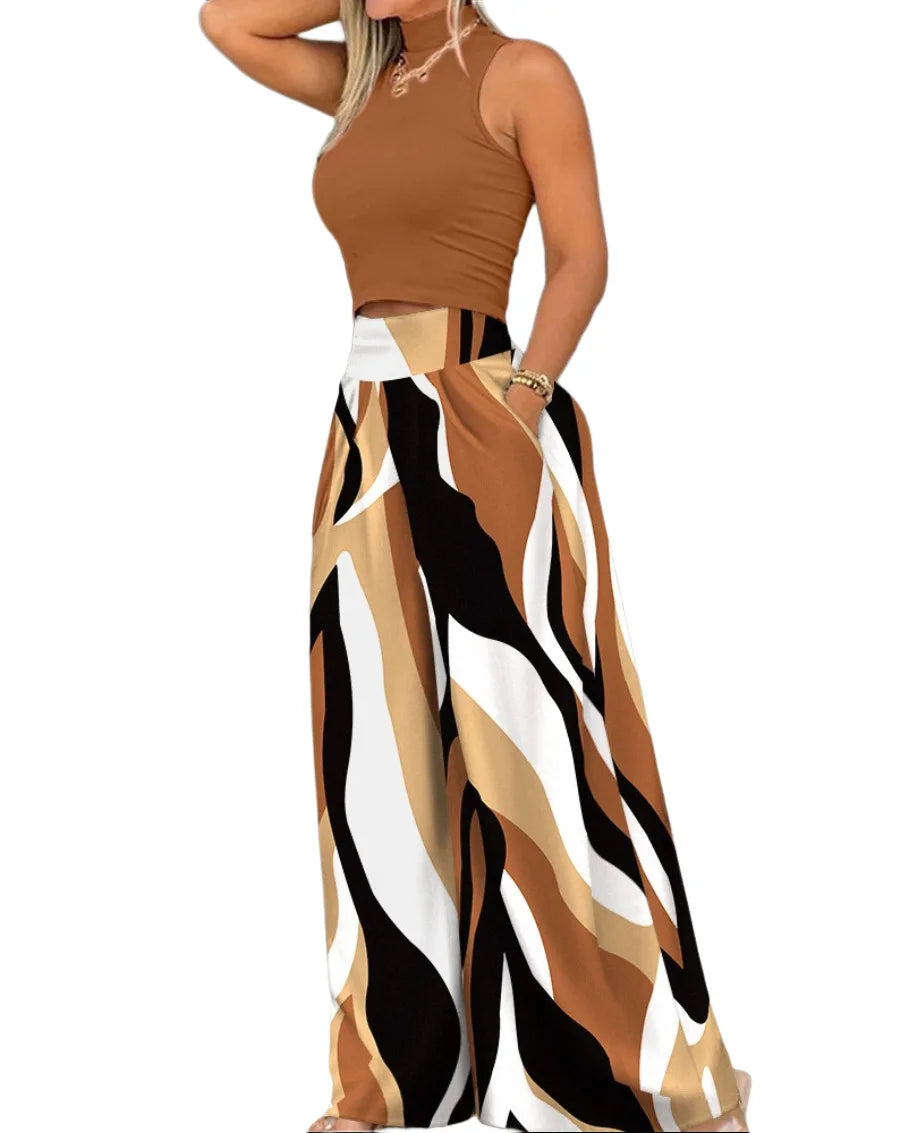 Fashions Two Piece Set Women Cropped Tight Solid Color Sleeveless Tops Loose Printed High Waist Wide Legs Trousers Suits MsChuh