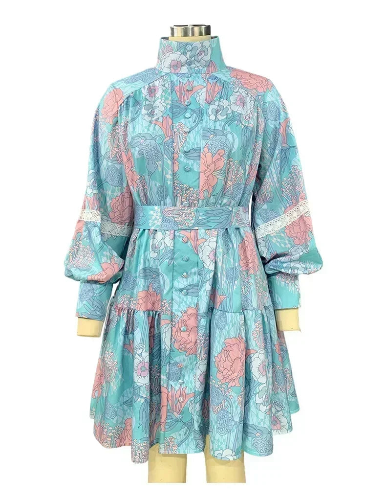 Women Lantern Sleeve Party Dress High-Waist Floral Print Fashion Elegant Large Swing A-Line Mini Dress Lace Holidy Short Dresse