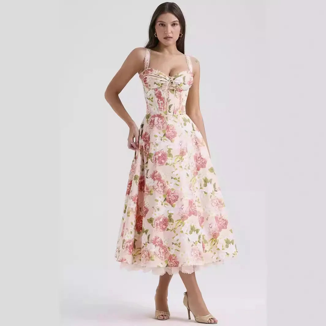 Dress Summer Fashion White Elegant Ladies Backless Clothes Puff Sleeve Floral Print Slit Long Dresses For Women New Arrival