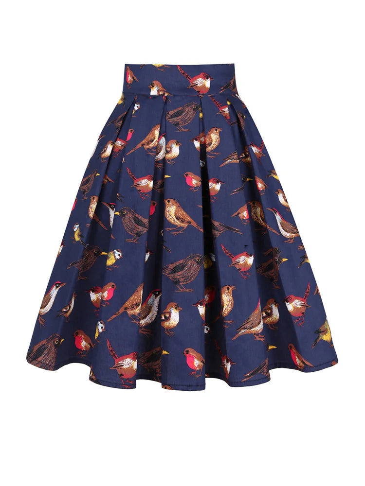 Summer French Style Women Short Vintage Pleated High Waist Floral Print Jupe Longo Elegant Ladies Office 50s Midi Tunic Skirts