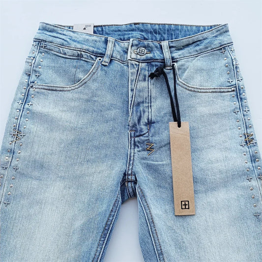 25SS New Cross Jeans Men fashion Personality Trend Hip-hop Multi-style Low Rise Elastic Skinny Denim Pants Frayed Trousers