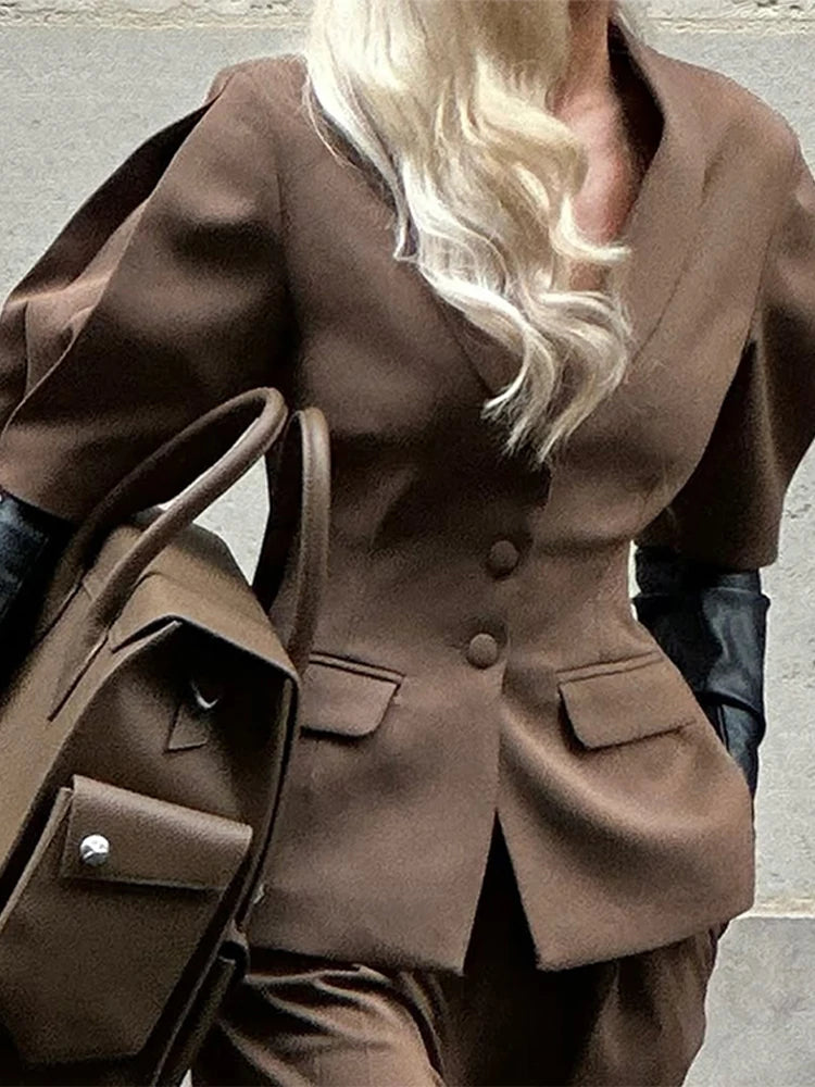 Fashion Short Sleeve Blazer Long Pants Sets Women Spring New Lapel Single Breasted Suit Tops Wide Leg Trousers Lady 2 Pieces Set