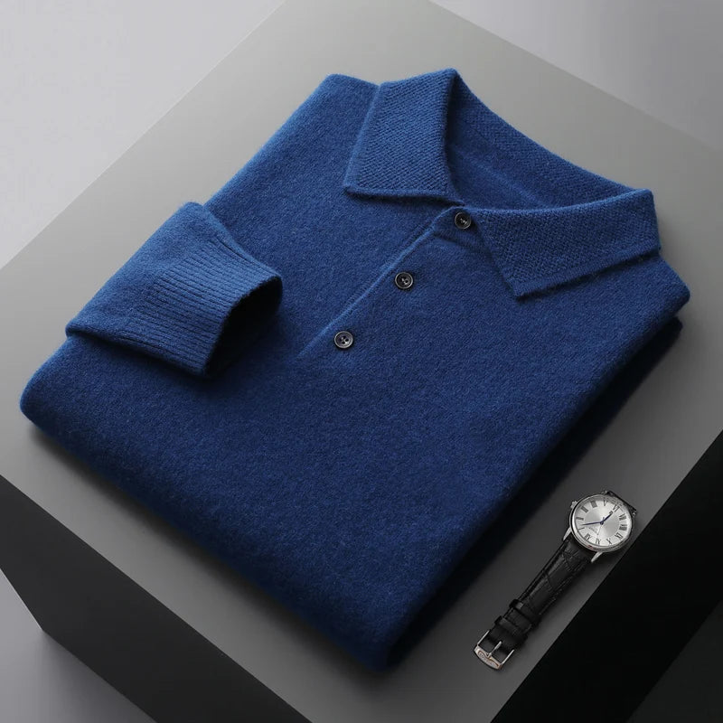 Autumn and winter new 100% merino wool men's POLO collar pullover honeycomb needle shirt fashion knitted men's coat.