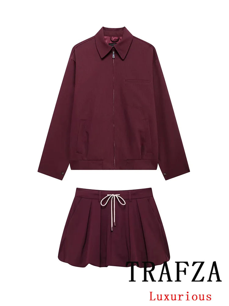 TRAFZA Vintage Casual Chic Solid Women Suit Turn-down Collar Zipper Jackets Drawstring Mini Skirt New Fashion 2024 Autumn Suit