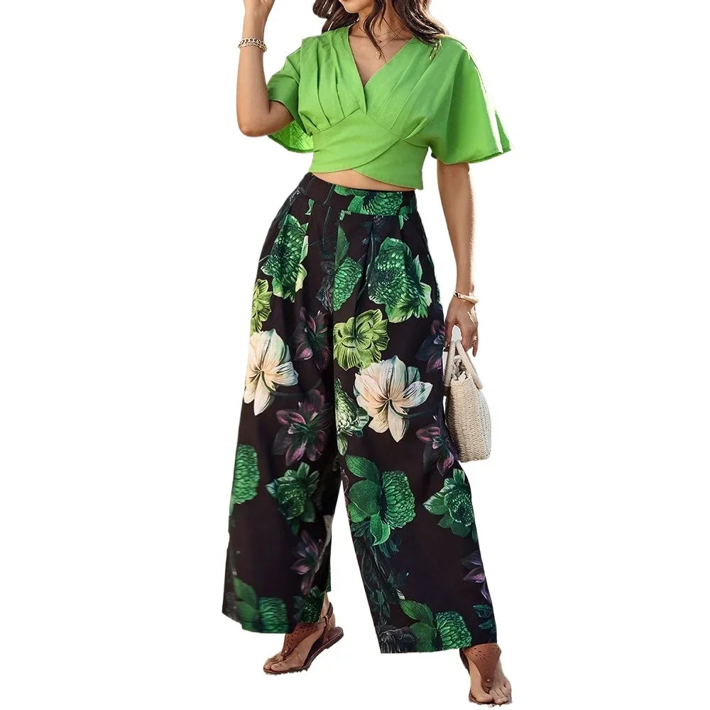Elegant 2 Pieces for Woman Elegant V-Neck Short Sleeve Ruched Top and Floral Print Pocket Design Wide Leg Pants Sets