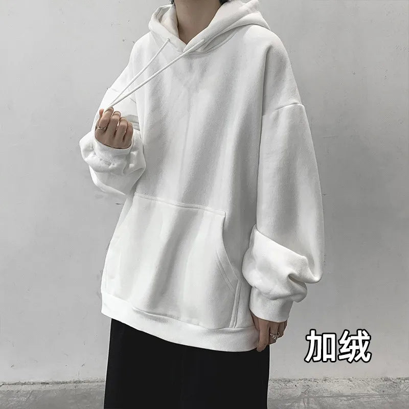 Dark Grey Hoodie Men Sweatshirt Autumn Winter Clothes Pure Color Y2k Pullover Top Boy Version Trend Loose Fleece Coat Oversized