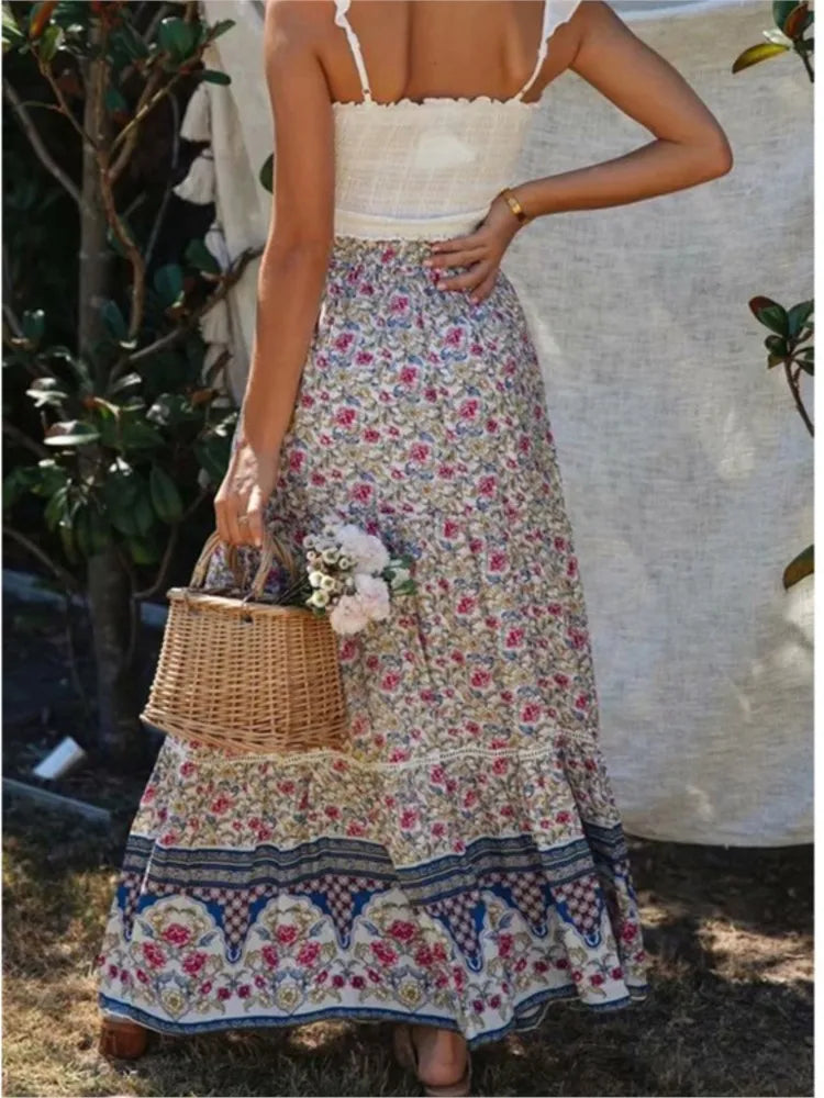 Vintage Floral Print Beach Boho Pleated Skirt For Women 2025 Summer Fashion Cotton High-waisted Maxi Skirts Femme Beach Skirt