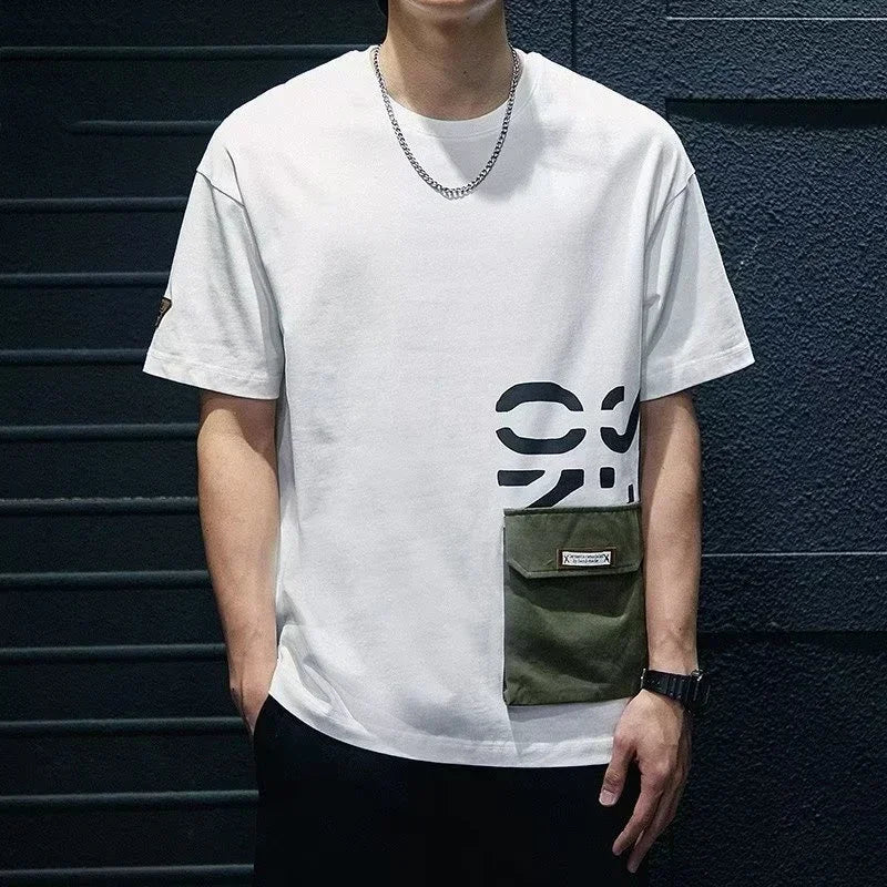 2025 New Letter Printed Short Sleeve Pocket T-shirt For Men Casual Cotton O-Neck Tshirt Y2K Streetwear Oversized Tee Shirts