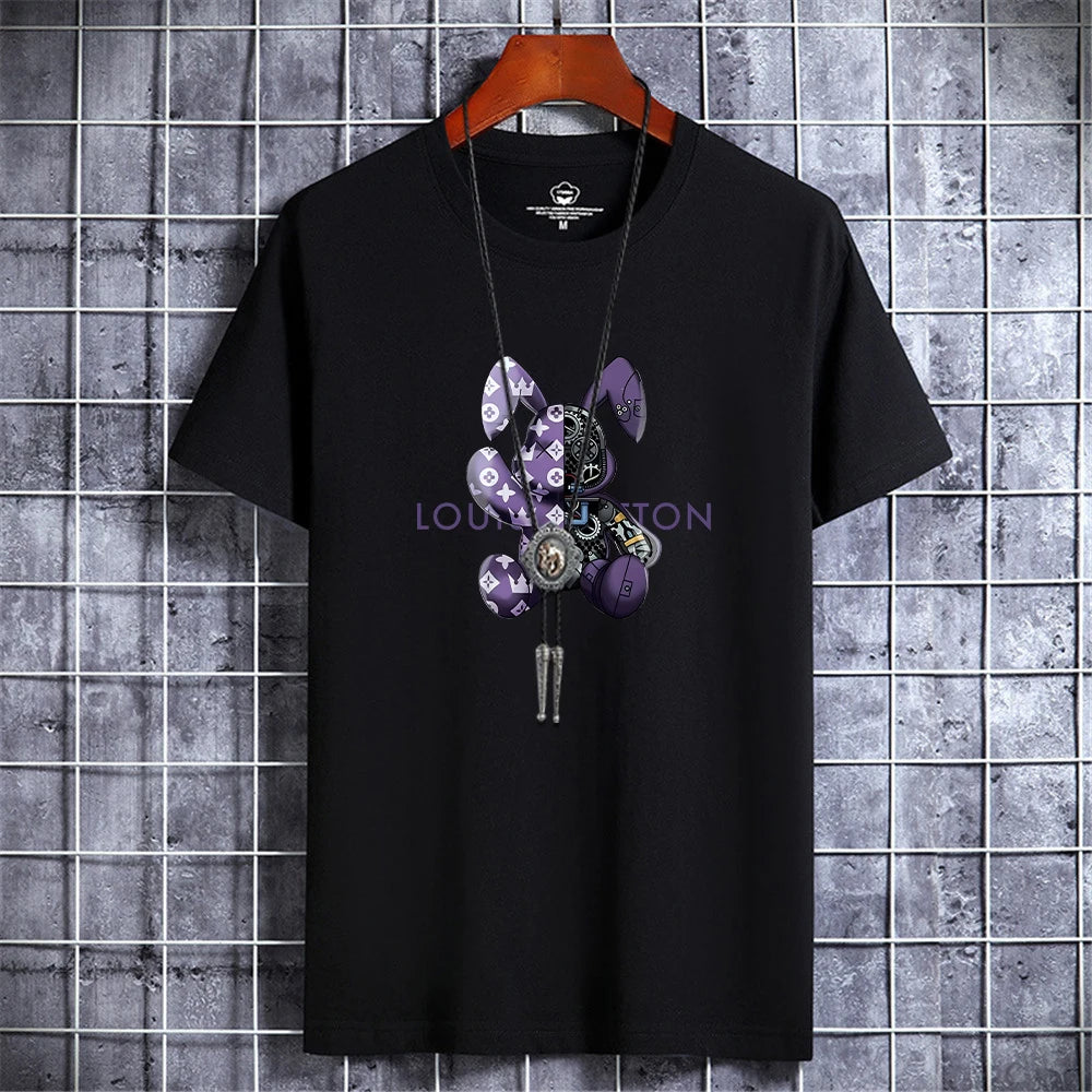 Summer Men's Luxury Casual T-Shirt Retro Y2k Designer Short Sleeve Tees Male Vintage Cotton Trendy High Quality Bear Print Tops