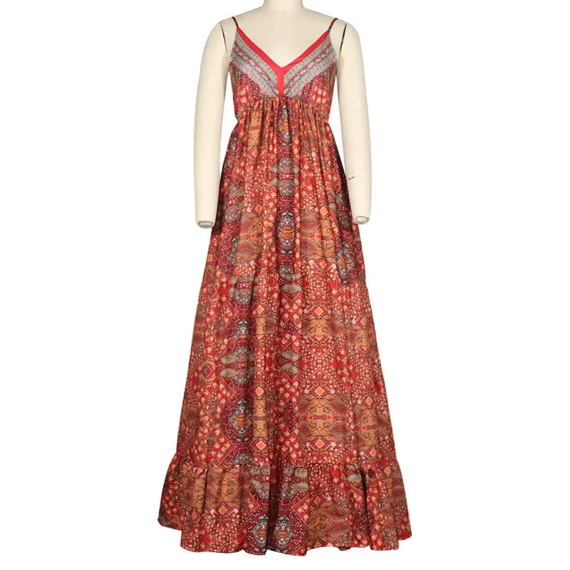 Vintage Printed Bohemian Women V-Neck Party Long Dresses Beach Elegant Sleeveless Spaghetti Strap Sexy Maxi Sundress