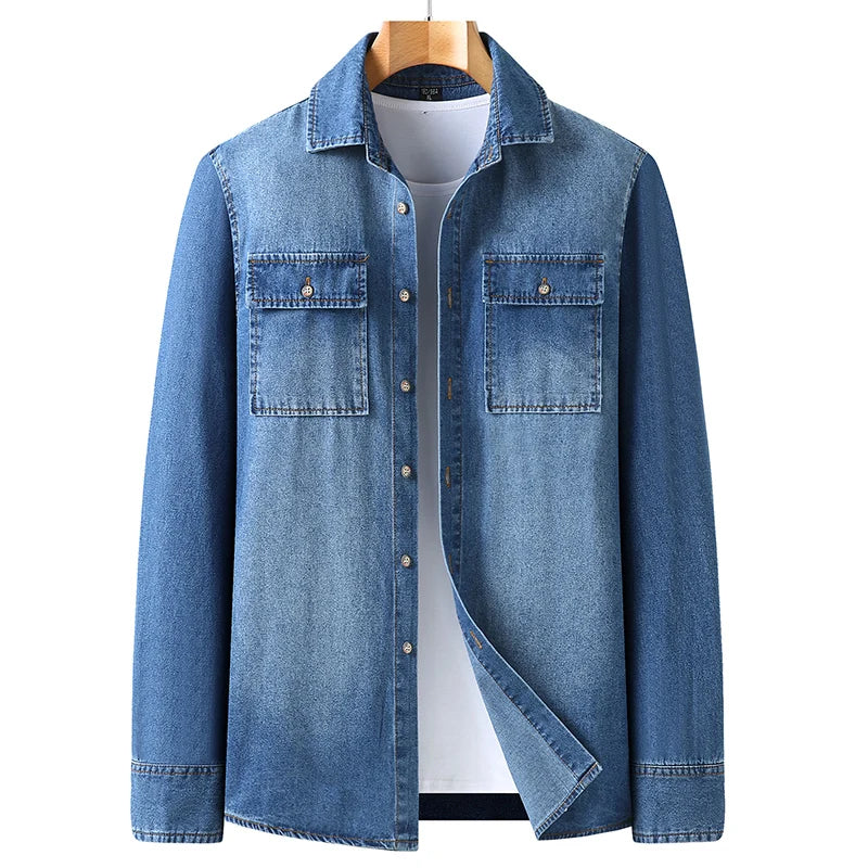 New Autumn Cotton Denim Shirts Men Slim Fit Smart Casual Solid Color Long Sleeve Mens Jeans Shirt Fashion Male Shirt Black Blu