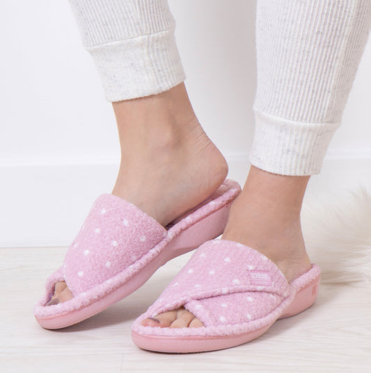 Totes Isotoner POPCORN TURNOVER OPEN TOE Womens Mule Slippers Pink Spot