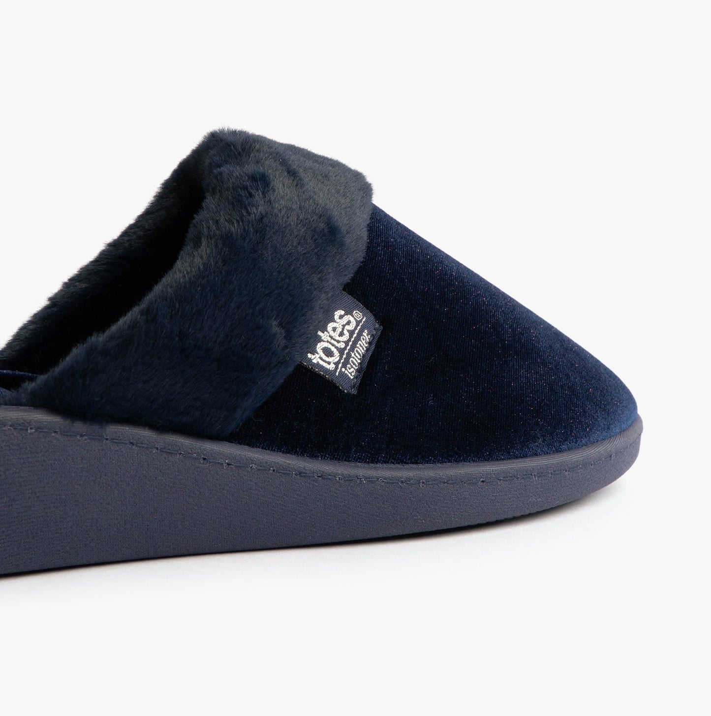 Totes Isotoner SPARKLE VELOUR HEELED MULE Womens Mule Slippers Navy